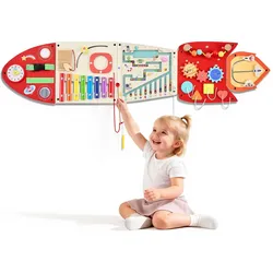 VEVOR Montessori Busy Board 13-in-1 Sensorisches Wandmotorikbrett Rakete, Motorikspielzeug zur Bildung & Frühe Entwicklung für Kita Heim, aus MDF-Platten, mit Xylophon Uhr Zahnrädern & Lernelementen