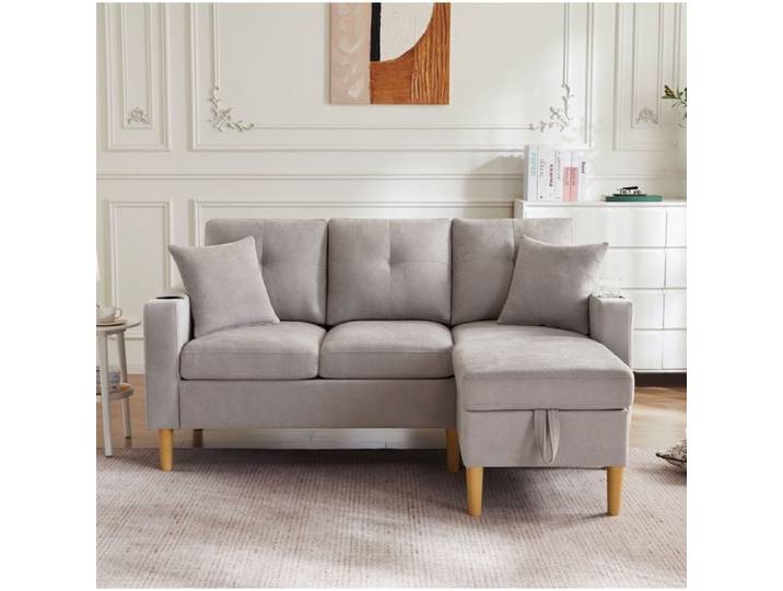 Canape d angle SENVIRO - 3 places chaise longue modulable 175x129x90cm gris clair
