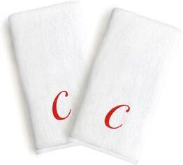 Authentic Hotel and Spa 2-piece White Turkish Cotton Hand Towels with Holiday Red Script Monogrammed Initial