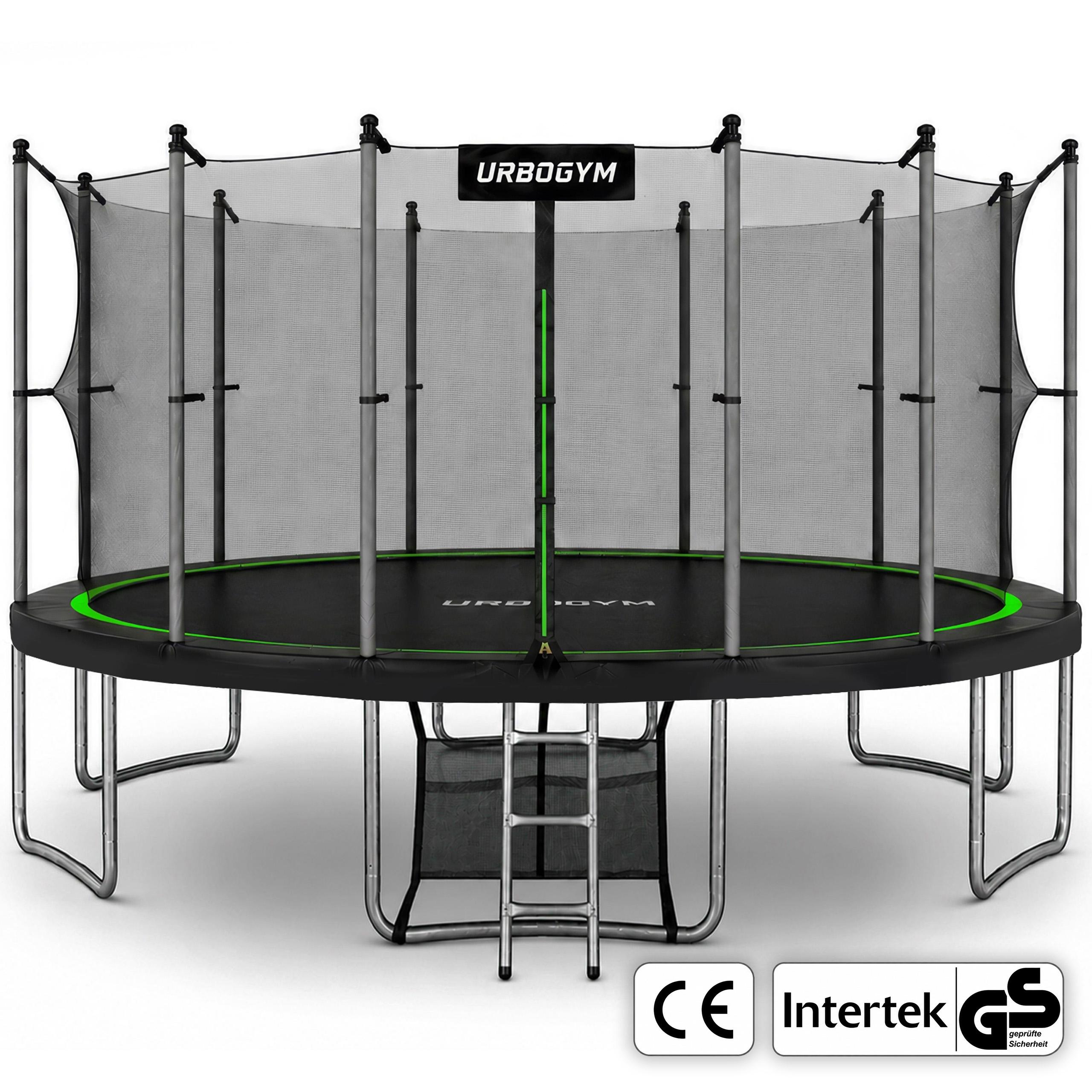 URBOGYM Trampolin JUMPER 16FT Gartentrampolin für Kinder Komplett-Set mit Sicherheitsnetz, Leiter, Randabdeckung, Outdoor, Grün, robust, Ø 488 cm