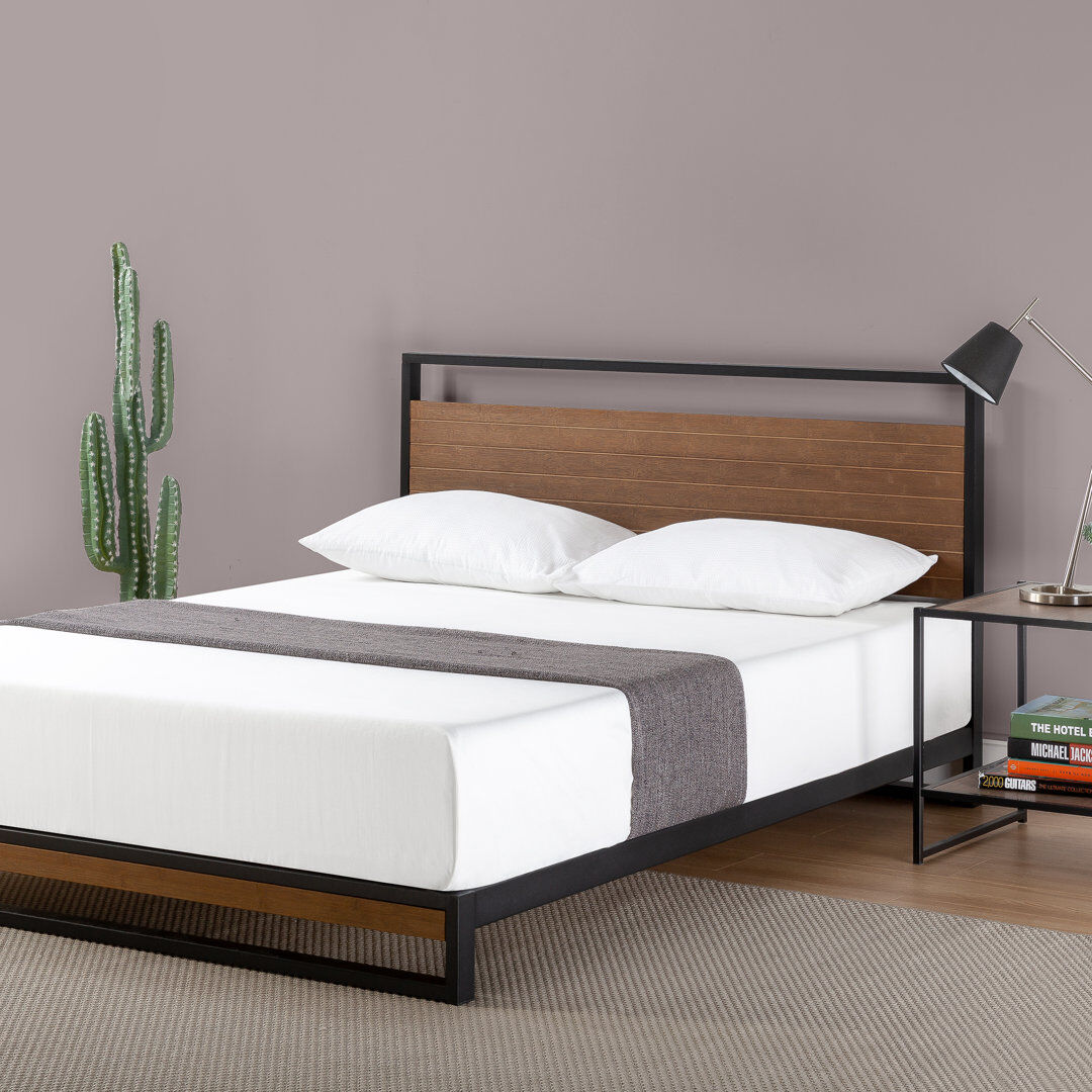 Trent Austin Design Gemma Low profile Metal Bed Frame with Bamboo Headboard Brown Double (4'6)