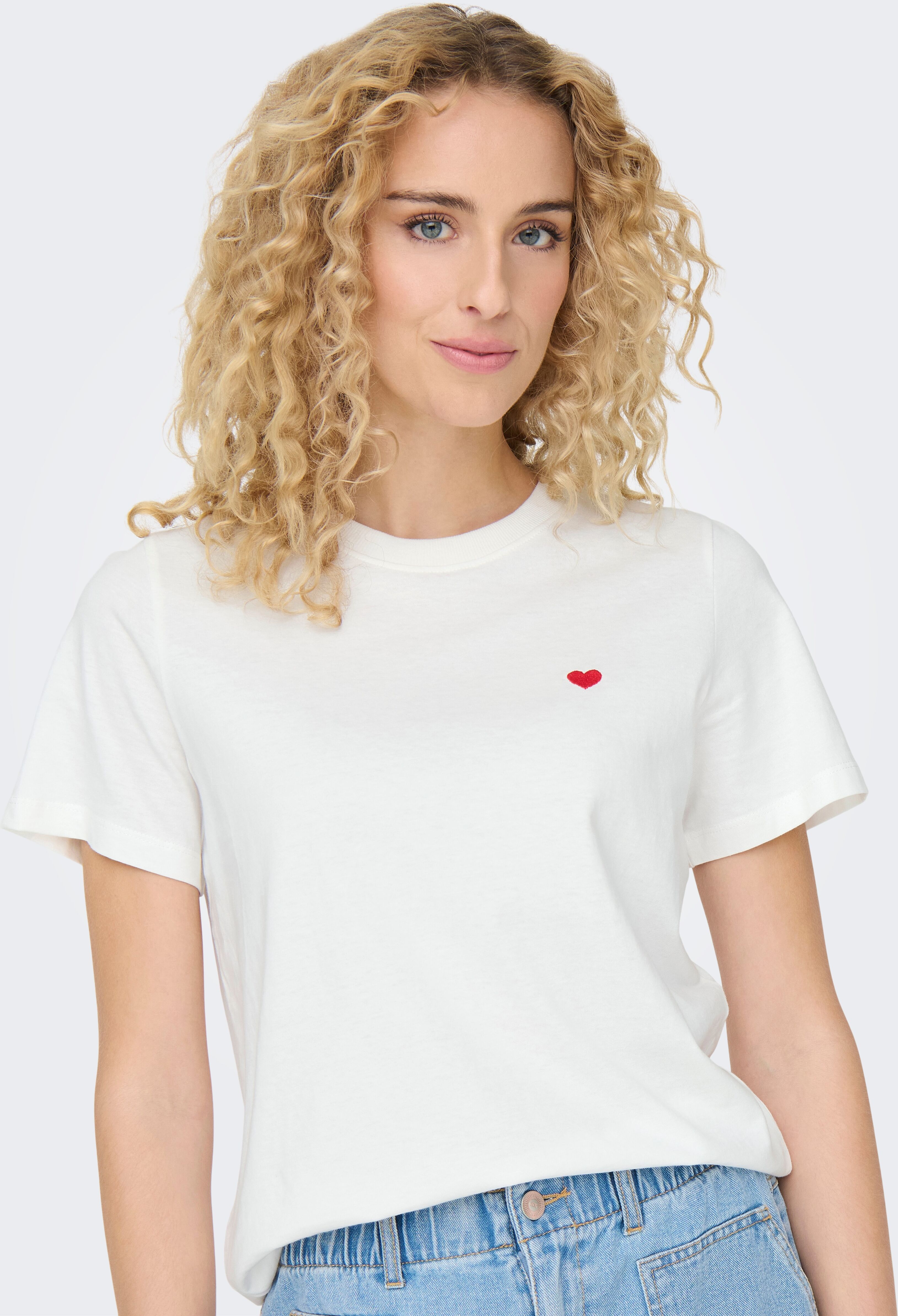 Kurzarmshirt JDY "JDYPISA S/S PRINT TOP JRS NOOS", Damen, Gr. S, weiss (cloud dancer heart), Jersey, Obermaterial: 100% Baumwolle, bedruckt, regular fit normal, Rundhals, Shirts Kurzarmshirt, Baumwolle, regular fit cloud dancer heart S