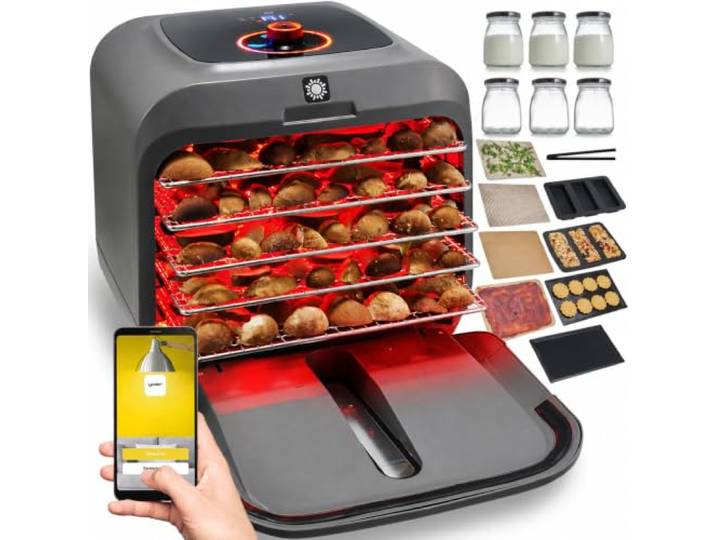 Yoer Infrarot Dörrautomat, 15L, 500W, 5 Edelstahlgitter, 35-75°C, 3750 cm2 99h Timer, LED-Anzeige, Dehydrator, Pilze, Beef jerky, Obst, Kräutertrockner, Joghurt, Müsliriegel, SunBox FD02G, grau