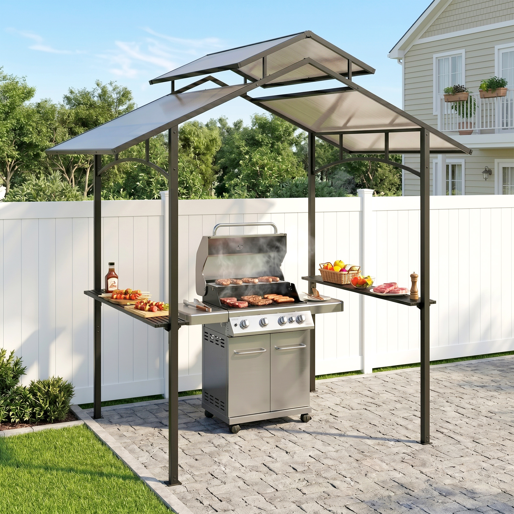 Outsunny Gazebo da Giardino per Barbecue, Doppio Tetto e Struttura in Acciaio con Mensole, 240x150x250cm, Nero Aosom.it