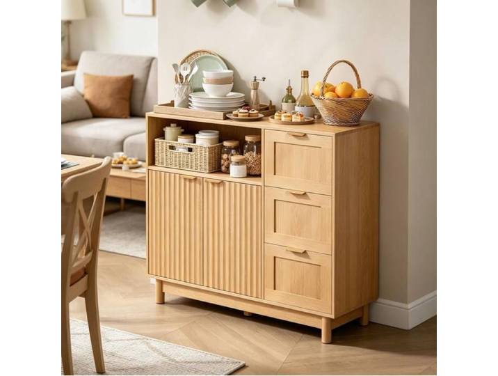 Sideboard Bois Effet 90x35x80cm - Buffet avec 3 Tiroirs 3 Portes & Étagère Ouverte