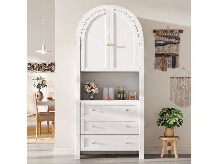 Bibliothèque Vitrine - 180x70x35cm - Buffet Haut Design Arche avec 3 Tiroirs et Niche Ouverte Déco Lin - Blanc