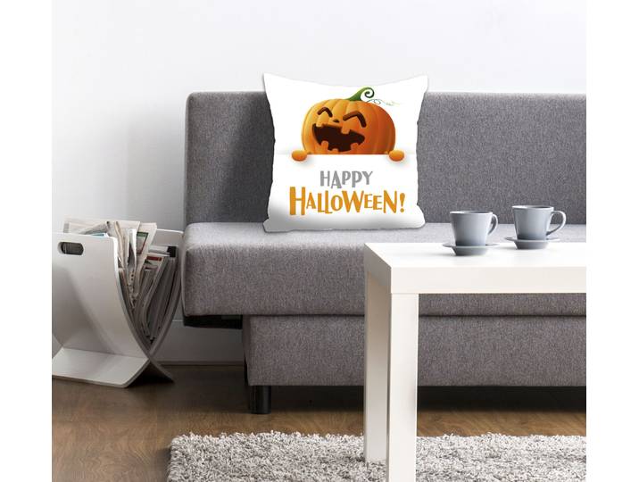 Dekokissen QUEENCE Smiling Pumpkin , orange (orange, bedruckt), B:40cm L:40cm, Polyester, Dekokissen_Sitzkissen_Kissenhüllen, Dekokissen, Kissenhülle,Happy Halloween,Kürbis,Halloween,Gruselig,Festlich