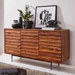 Massivholz Sideboard 150cm Sheesham Kommode mit 3 Türen 3D Design Metall schwarz