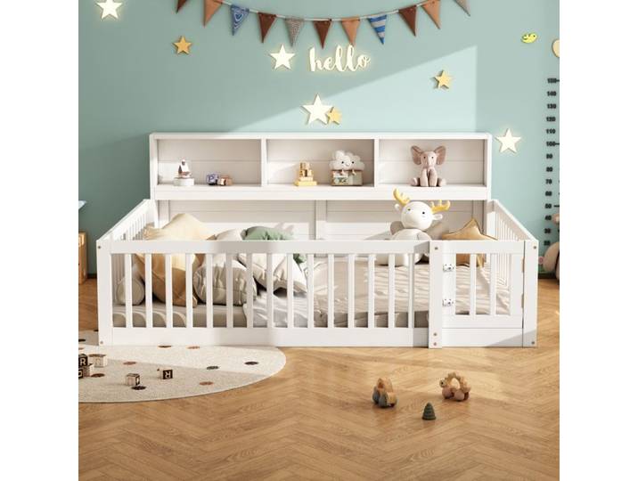 Lit enfant - Blanc - 140x200cm - Avec rangement - Sommier à lattes - Sécurisé