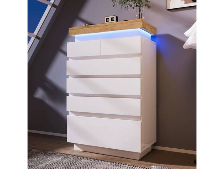Commode - Laquée LED Blanc brillant - 6 tiroirs - Éclairage LED contrôlable - 115x73x39 cm