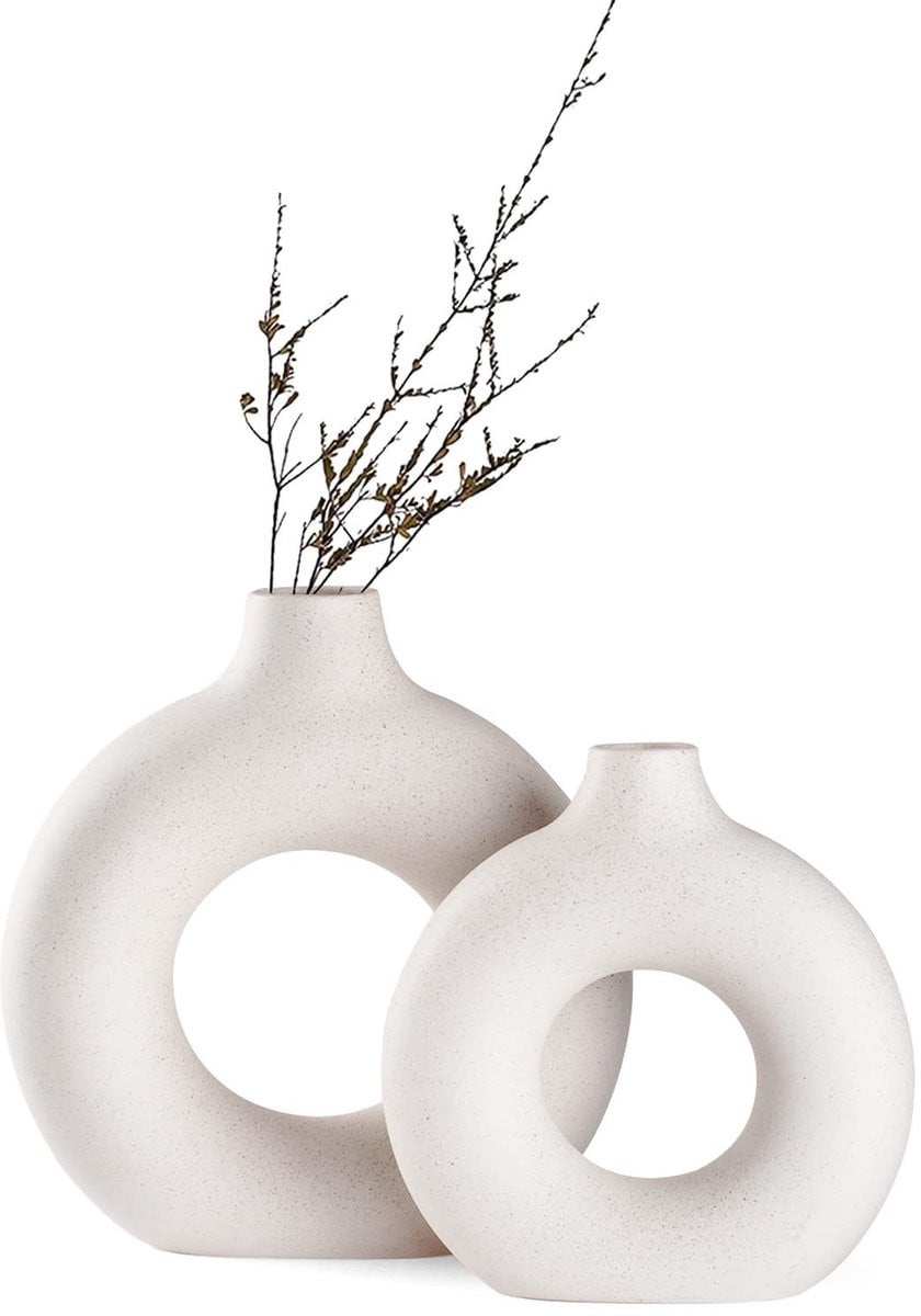 Merkloze witte keramische donut vazen set van 2 voor moderne decoratie