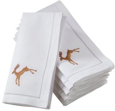 Saro Lifestyle Hemstitch Napkins With Embroidered Brown Reindeer Design