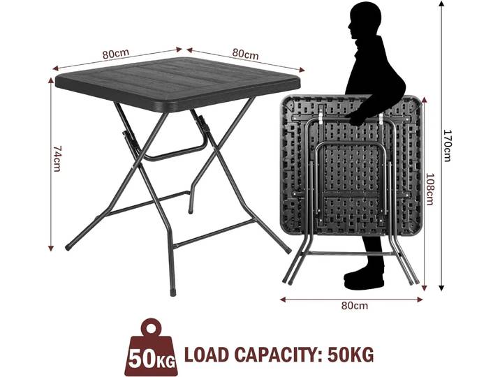 Table de jardin étanche, Table pliante 80*80*74cm, Table de balcon avec cadre en acier, HDPE épais, pour fête, cuisine, salon