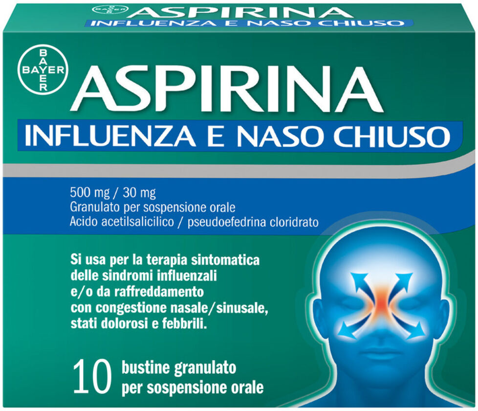 BAYER SpA Aspirina Influenza e Naso Chiuso Antidolorifico Decongestionante contro Sintomi Influenzali, 10 Buste