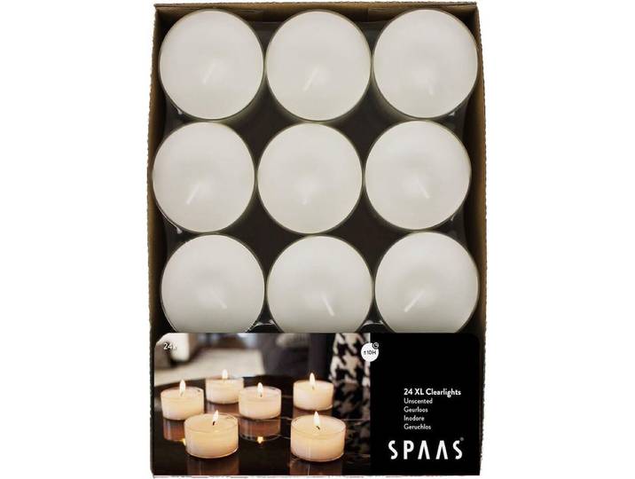 SPAAS Maxi Clearlights\, theelichten in transparante cup\, waxinelichtjes - 24 stuks - ± 10 uur - wit\, geurloos