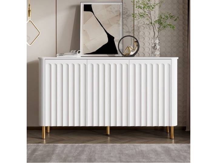 Buffet bas 3 portes EVRYAE 135 x 36 x 78 cm façades reliefées rangement salon MDF blanc