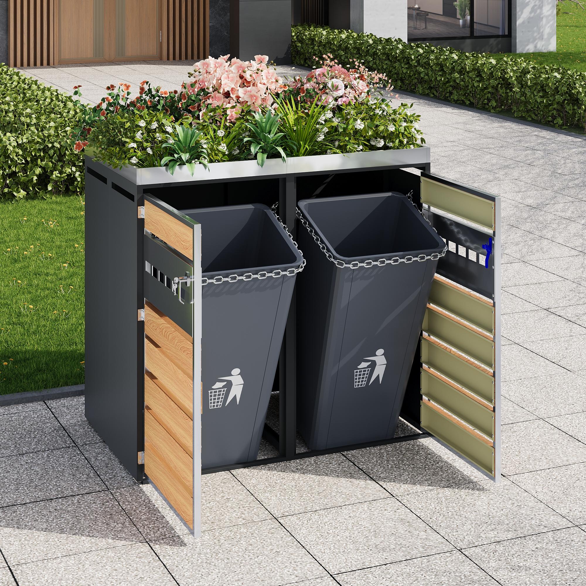 MODFU Mülltonnenbox mit perforiertes Belüftungsdesign Abschließbar Garten-Mülltonnenbox mit Klappdeckel Zwei Türen Grau