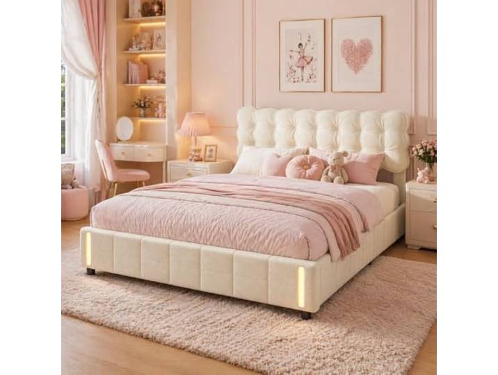 JiaOyu Polsterbett 160 x 200 cm mit LED-Beleuchtung und Stauraum, Bett mit Lattenrost & Gepolstertem Kopfteil, Hydraulisches Doppelbett Jugendbett Mädchen Bett, ohne Matratze (160X200CM)