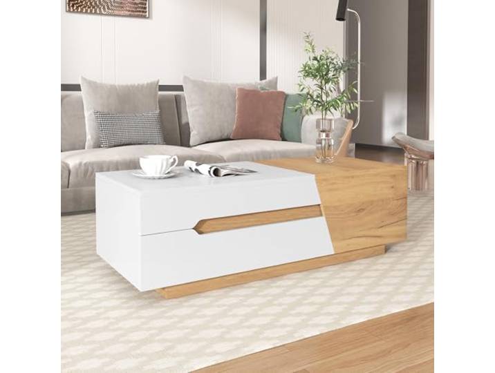 Merax Ausziehbarer Couchtisch 120x50x37,5 cm, mit Schubladen, Beistelltisch mit Schiebemechanismus, für Wohnzimmer, Weiß+ Holzfarbe