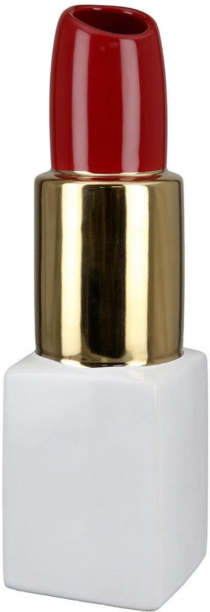 Gilde Handwerk Keramische Lippenstift Vaas - Wit Goud Rood - H 20 cm x B 6 cm