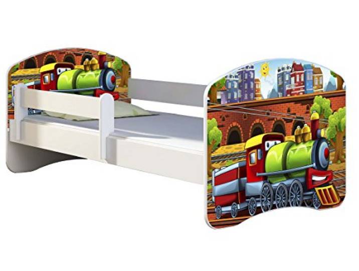 ACMA Kinderbett 160x80 Jugendbett mit Matratze, Rausfallschutz, Lattenrost Weiß, stabil, Kinderzimmer Bett, Jugendmöbel Design 44 Lokomotive