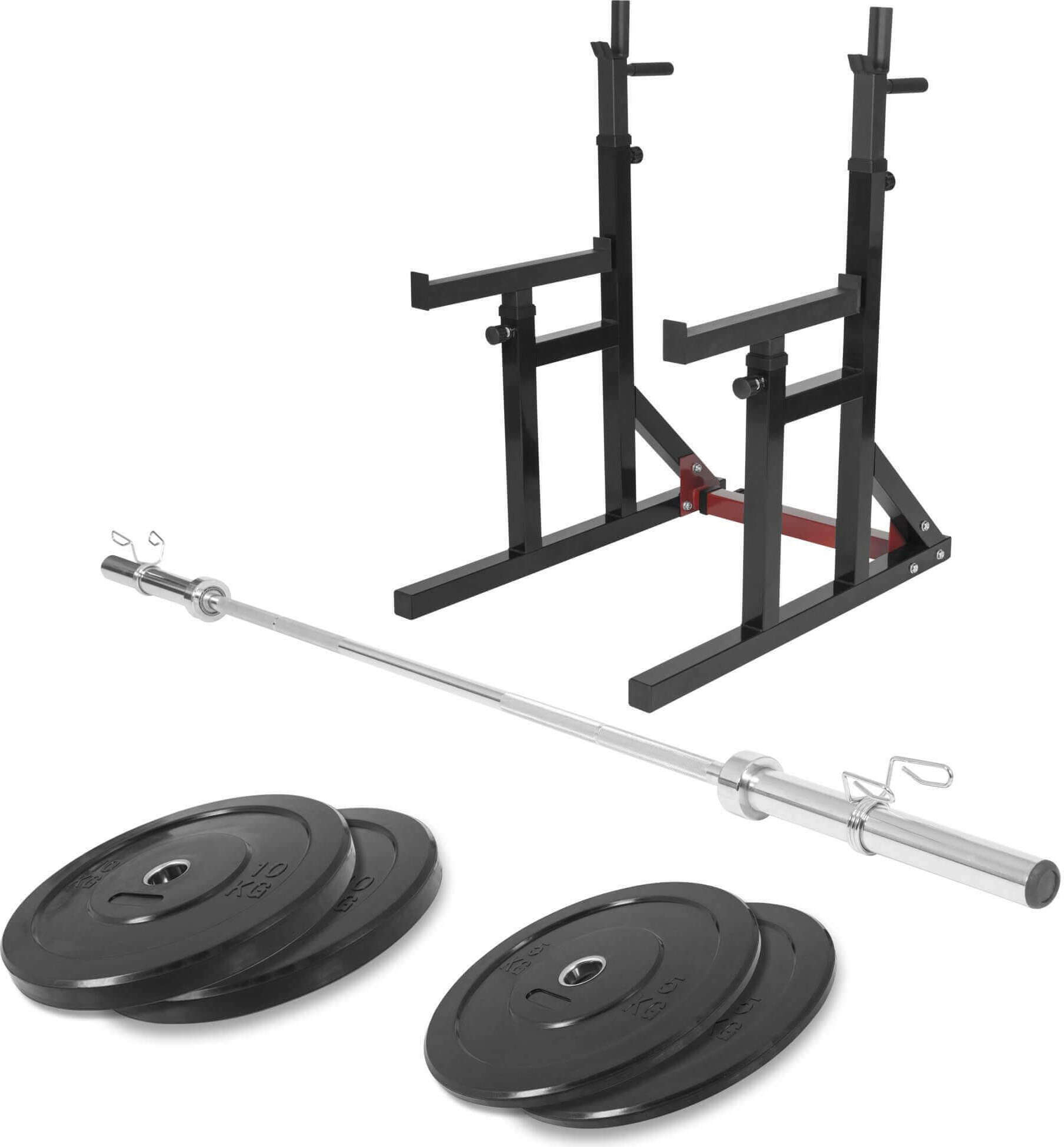 GORILLA SPORTS Squat Rack - mit Langhantel Set, 50mm, Langhantelstange und 30kg Hantelscheiben, Verstellbar, mit Dip-Griffen - Langhantelablage, Hantelständer, Kniebeugenständer