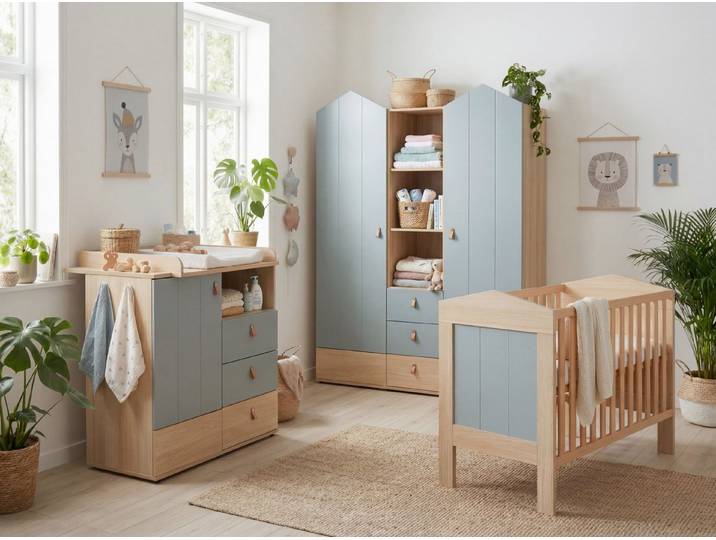 arthur berndt Babyzimmer-Komplettset Roofy, (Spar-Set, 3-tlg., Kleiderschrank, Wickelkommode, Babybett), Soft-Close, Türdämpfung, Ledergriffe, MDF-Fronten