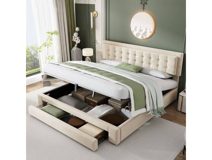 Lit coffre capitonné 160x200 cm velours beige - tête de lit réglable tiroirs & vérins hydrauliques style scandinave
