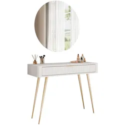 SCHMINKTISCH SCARLETT MIT RUNDEM LED-SPIEGEL BEIGE + GOLD