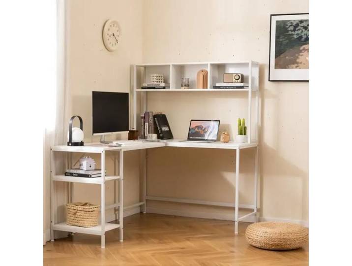 Bureau d'angle en L avec étagère bureau informatique pour travail étude et gaming blanc