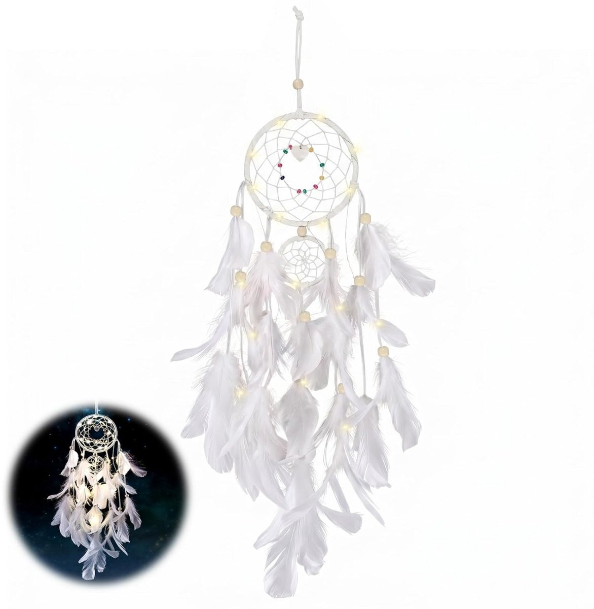 Longziming Handgemaakte Bohemian Droomvanger met LED-verlichting, natuurlijke veren en kralen