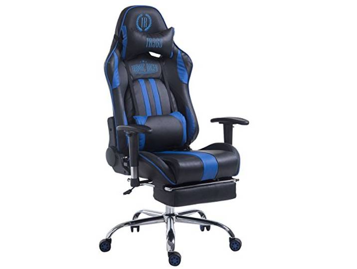 CLP Gaming Bürostuhl XL Limit mit Kunstlederbezug I Gamingstuhl mit Metallgestell I Schreibtischstuhl höhenverstellbar, Farbe: schwarz/blau, Fußablage: mit Fußablage