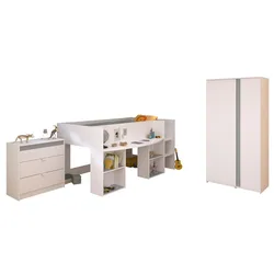 KINDERZIMMER Set 3-tlg. mit Hochbett Kleiderschrank Kommode Bett 90x200