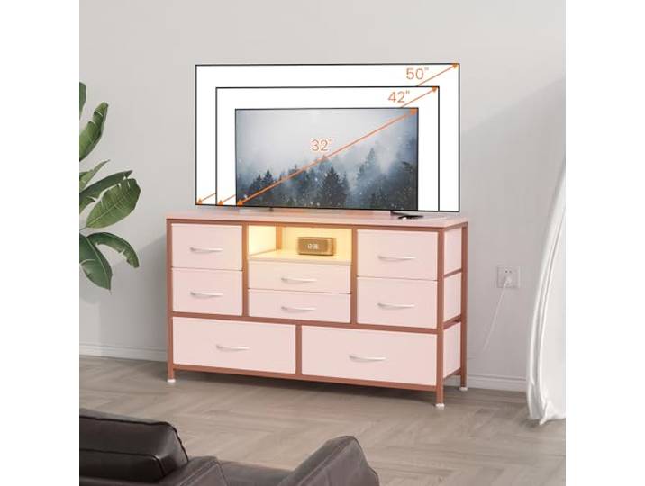 GarveeHome TV-Lowboard Mit Steckdosenleiste Inkl. USB & LED-Beleuchtung, 8–10 Stoffschubladen, Holzplatte, Für TVs Bis 55 Zoll, Breite TV-Konsole Stauraum Metallrahmen