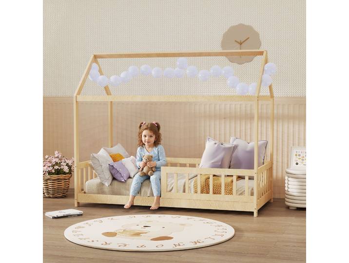HOMCOM Lit Maison Enfant Pin Barrière Lattes Couleur Bois