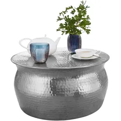 KADIMA DESIGN Couchtisch 60x30,5x60cm Aluminium Silber Beistelltisch orientalisch rund, Flacher Hammerschlag Sofatisch Metall, Design Wohnzimmertisch modern,