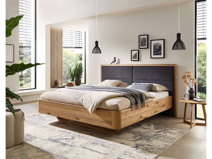 Massivholzbett Daiko mit Polsterkopfteil 180 x 200cm Microfaser Braun Eiche