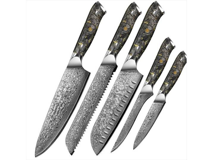 KingLux Messer-Set 5-teiliges Damastmesser Küchenmesser set Karbonfaser&Blattgold Griff (5-tlg)