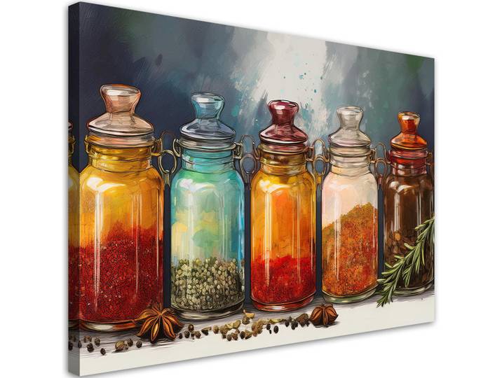 Feeby Leinwandbild Gewürze und Kräuter in Flaschen 100x70cm, Mehrfarbig, Essen/Getränk, Rechteckig, 100x70 cm, Bilder & Rahmen, Bilder, Leinwandbilder