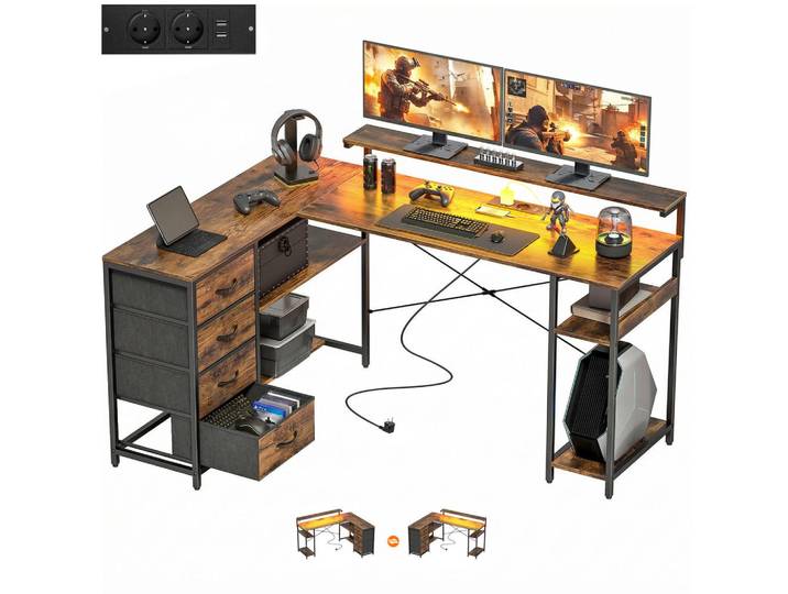 ComfortXL Gamingtisch De-09150 mit Stromanschluss, Braun, Metall, 110x91.4x155 cm, Büromöbel, Schreibtische, Gaming-Tische