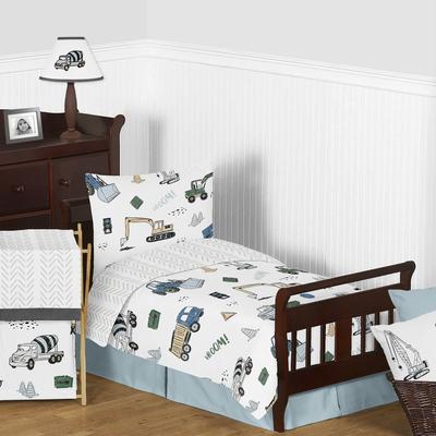 Sweet Jojo Designs Construction Truck Collection Boy 5pc Toddler-size Comforter Set - Grey Yellow Black Blue and Green Transportation Chevron Arrow