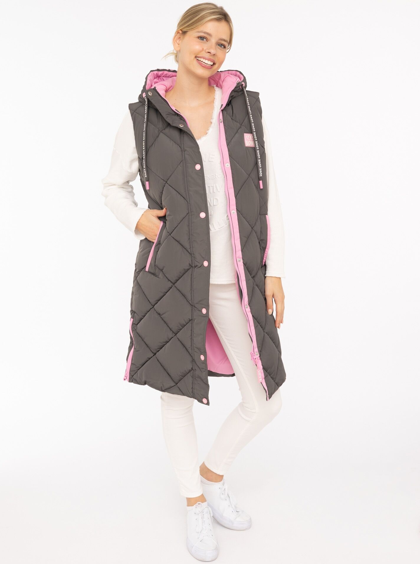 Steppweste ZWILLINGSHERZ "Love Print", Damen, Gr. XL, grau (dunkelgrau), Steppware, Obermaterial: 100% Polyester, Basic knielang, ohne Ausschnitt, Westen Steppweste, modisch, Doppelzipper, Druckknöpfe, knielang, Kapuze