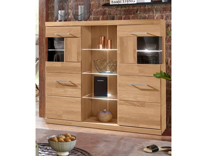 Highboard GOODPRODUCT Ribe,120cm breit,112cm hoch,Oberplatte massiv,12 Fächer , beige (eiche teilmassiv), B:125cm H:115cm T:35cm, Holz teilmassiv, Sideboards, Highboard, Holz massiv, Holzwerkstoff, Metall Griffe,2Türen mit Glaseinsatz