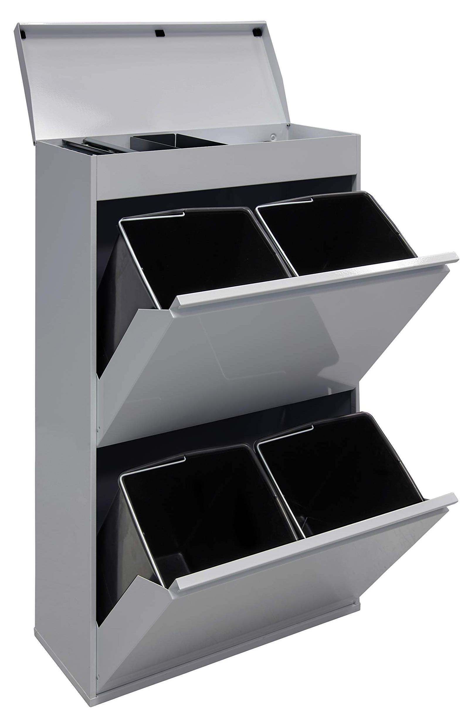Recyclingcontainer Stahl 68 L, 4 Fächer, mit Staufach, Grau