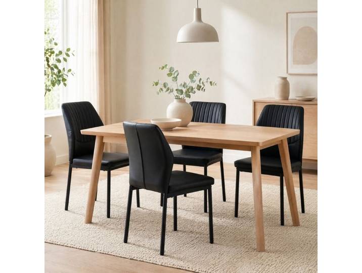 VUENOR Lot de 4 chaises de salle à manger noires en PU – dossier rayé pieds métal