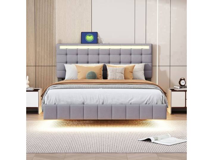 Lit flottant 140x190 cm avec LED Cadre de lit DAIDAI Sommier à lattes 140x190 cm Scandinave Lin Gris