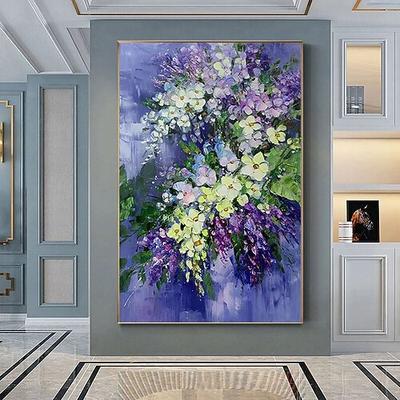 großes Original Kunst blühende Orchidee Blume Ölgemälde abstrakt blau lila gelb Blume Wand Kunst Wohnzimmer Dekor Palette Messer Malerei ungerahmt