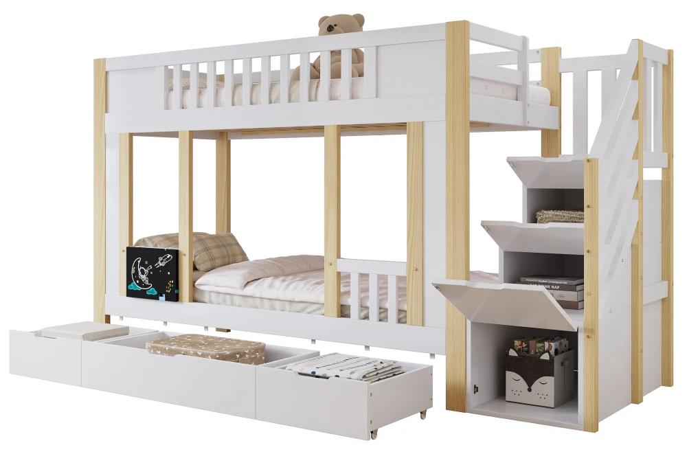 Kinder-Etagenbett - Etagenbett mit Treppe - Stauraum - 3 Schubladen auf Rollen - Massivholz und MDF - 90 x 200 cm - Weiß/Natur
