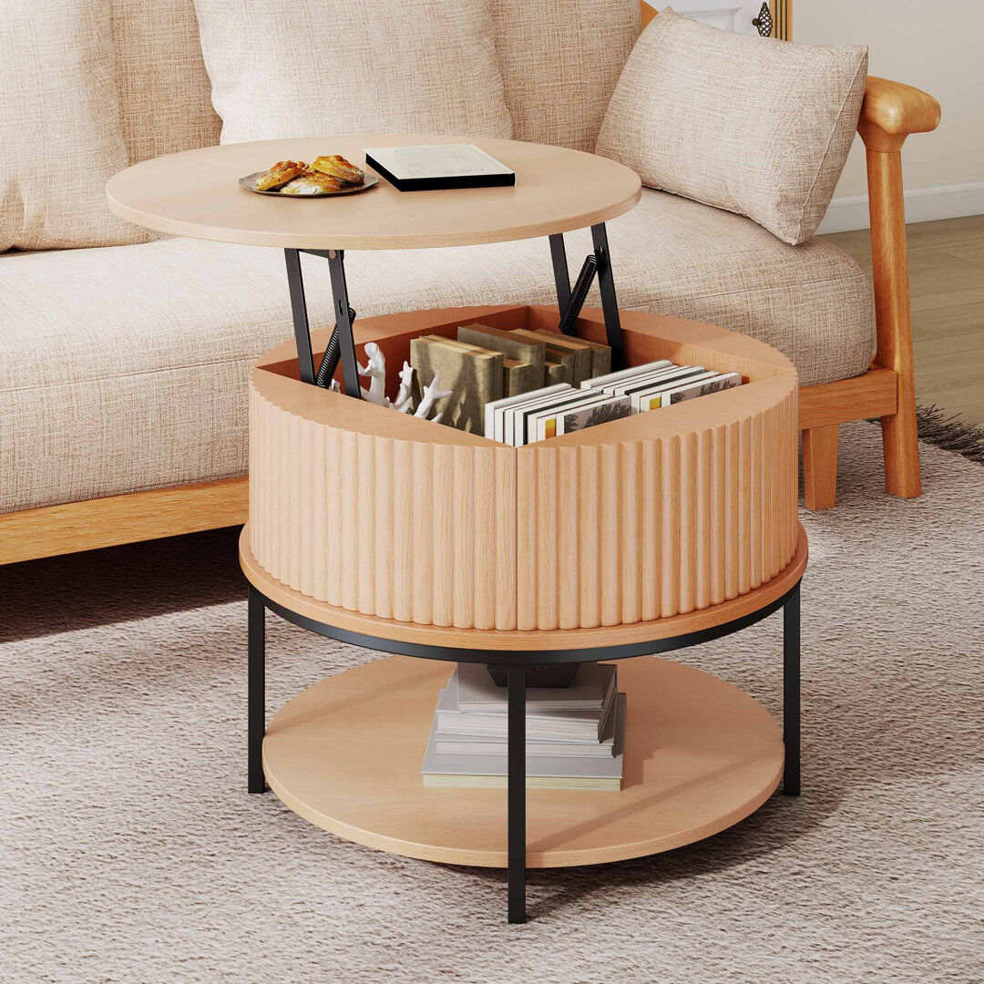 Canora Grey Lift Top Round Coffee Table with Fluted Design Natural Wood 46.5cm H X 60cm W X 60cm D