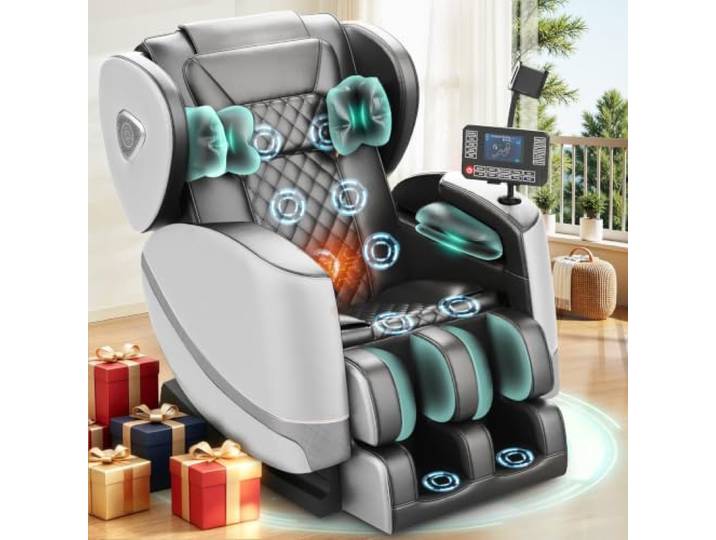 F FURNIMAT Massagesessel, Ganzkörper-Massagestuhl mit 14 Rollen, 8 Komfort-Luftkissen & Zero Gravity– Bluetooth Lautsprecher, Touchscreen, Handyhülter, Wärme für Lenden und Beine